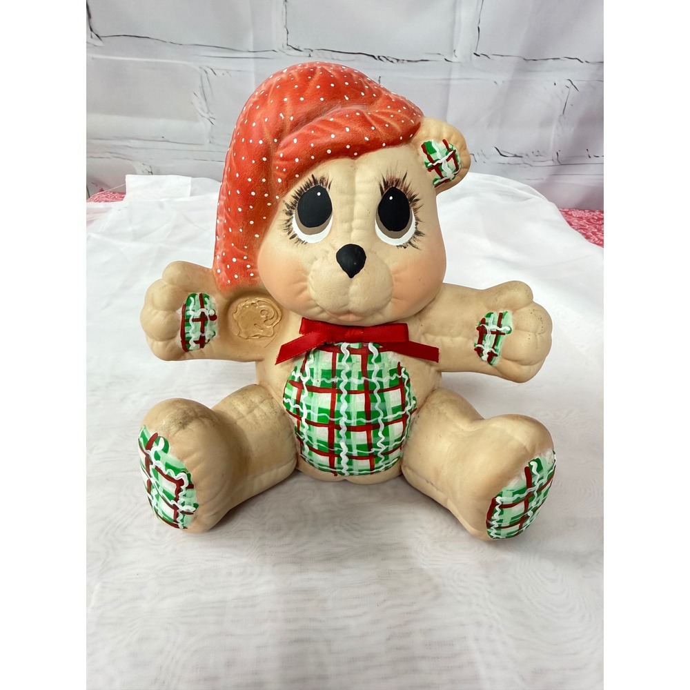 Vintage Ceramic Teddy Bear Coin Bank Holiday Christmas Plaid Red Polka Dot Hat